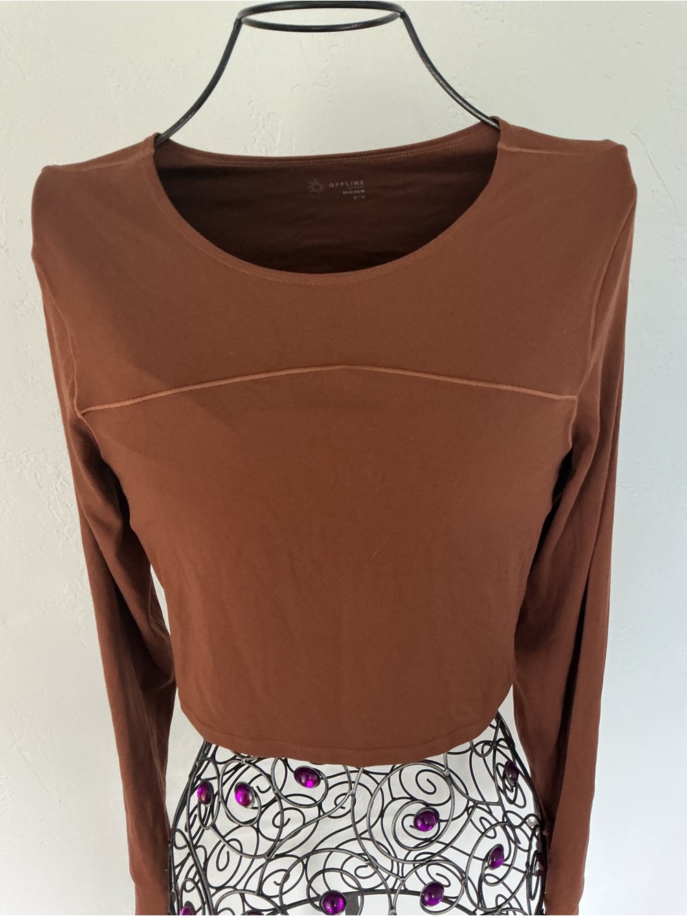 Aerie Offline Brown Long-Sleeve Activewear Crop Top with Back Cutout